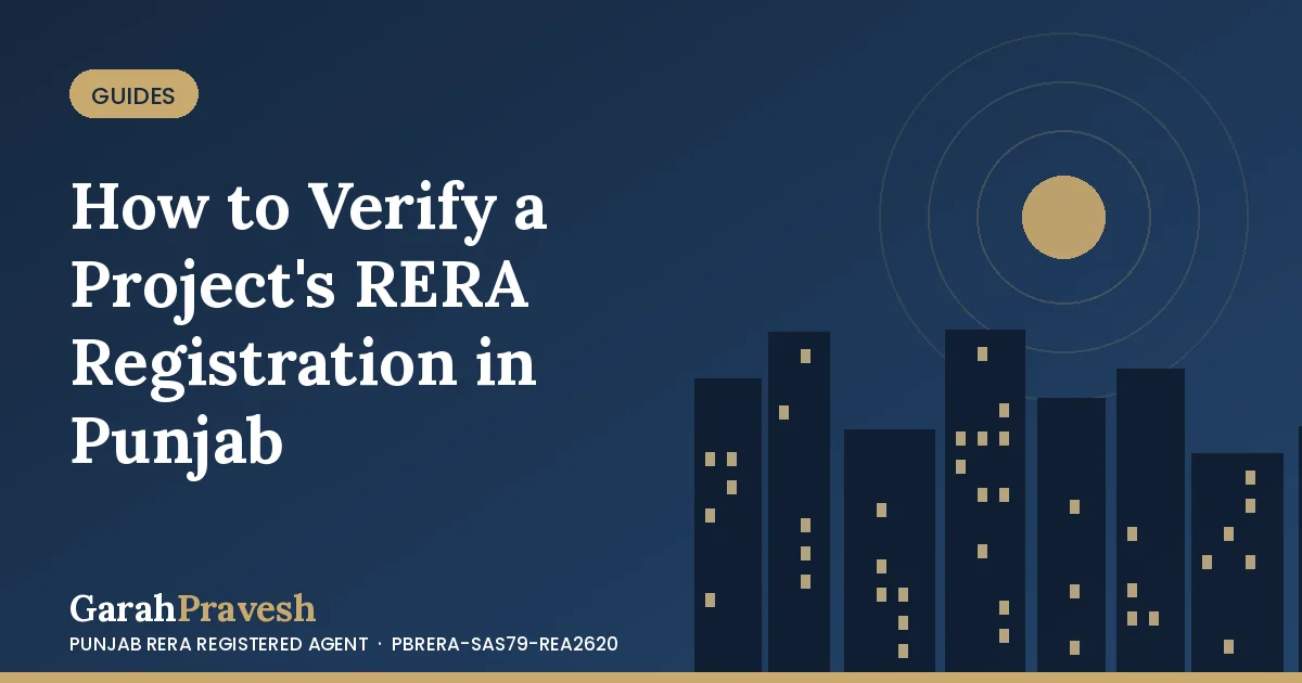 Illustration of a checklist and magnifying glass over a residential tower for Punjab RERA verification