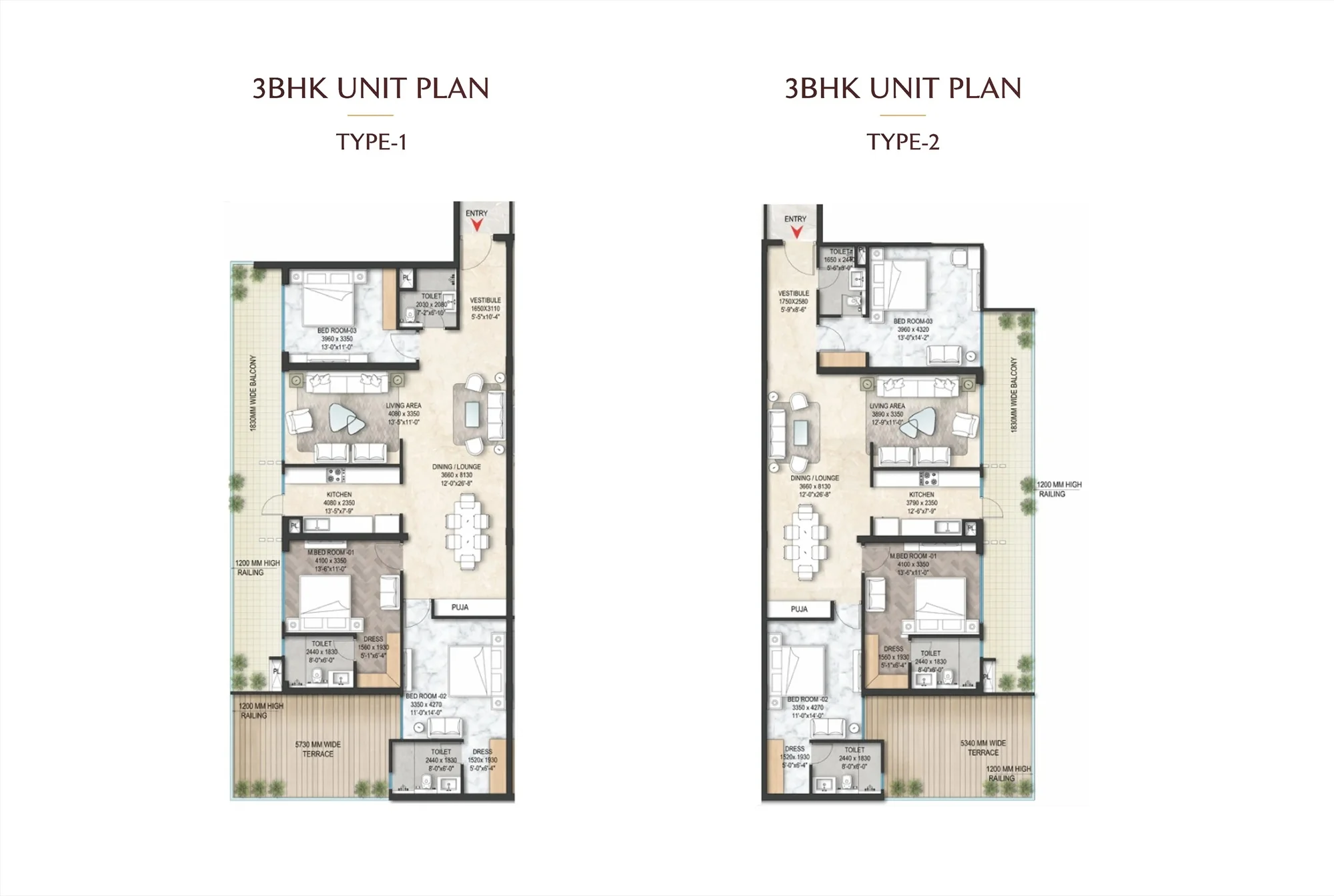 The Marq by Atlantis 3 BHK floor plans, Type 1 and Type 2